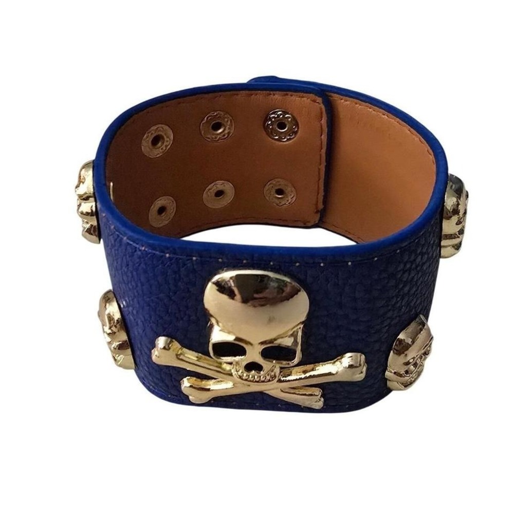 Blue Faux Leather Skull Crossbones Cuff Bracelet Gold‎ Tone Punk Biker Wide Band